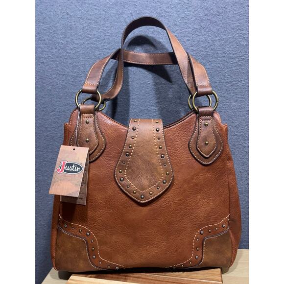 Justin Western Carry Handbag With Dual Zippered Pockets Magnet Closure Brown - Picture 2 of 11